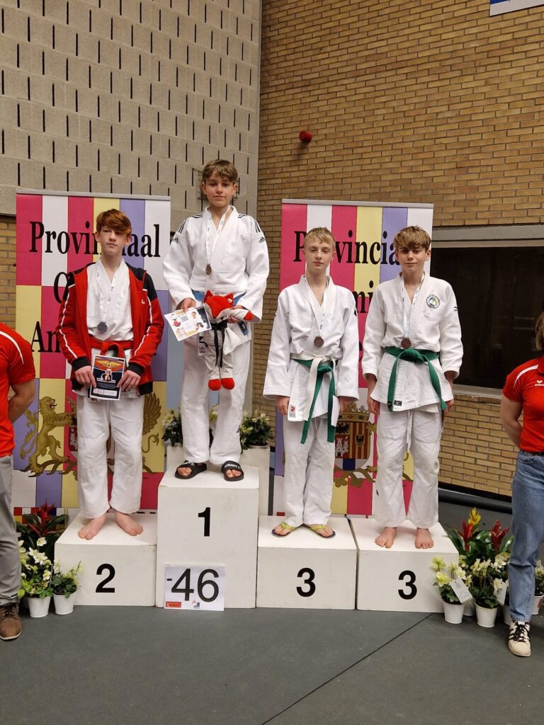 Jongens in judogi staan op podiumplaatsen na een wedstrijd judo