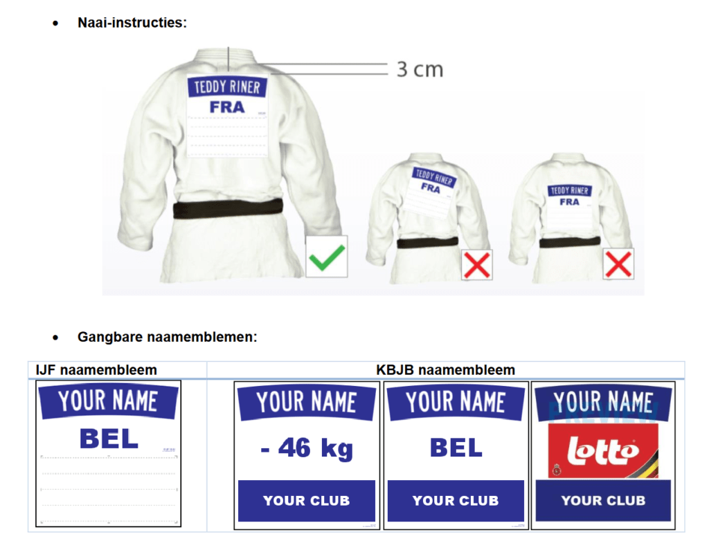 Instructies van Judo Vlaanderen voor het naaien van een naamembleem op de rug van een judogi